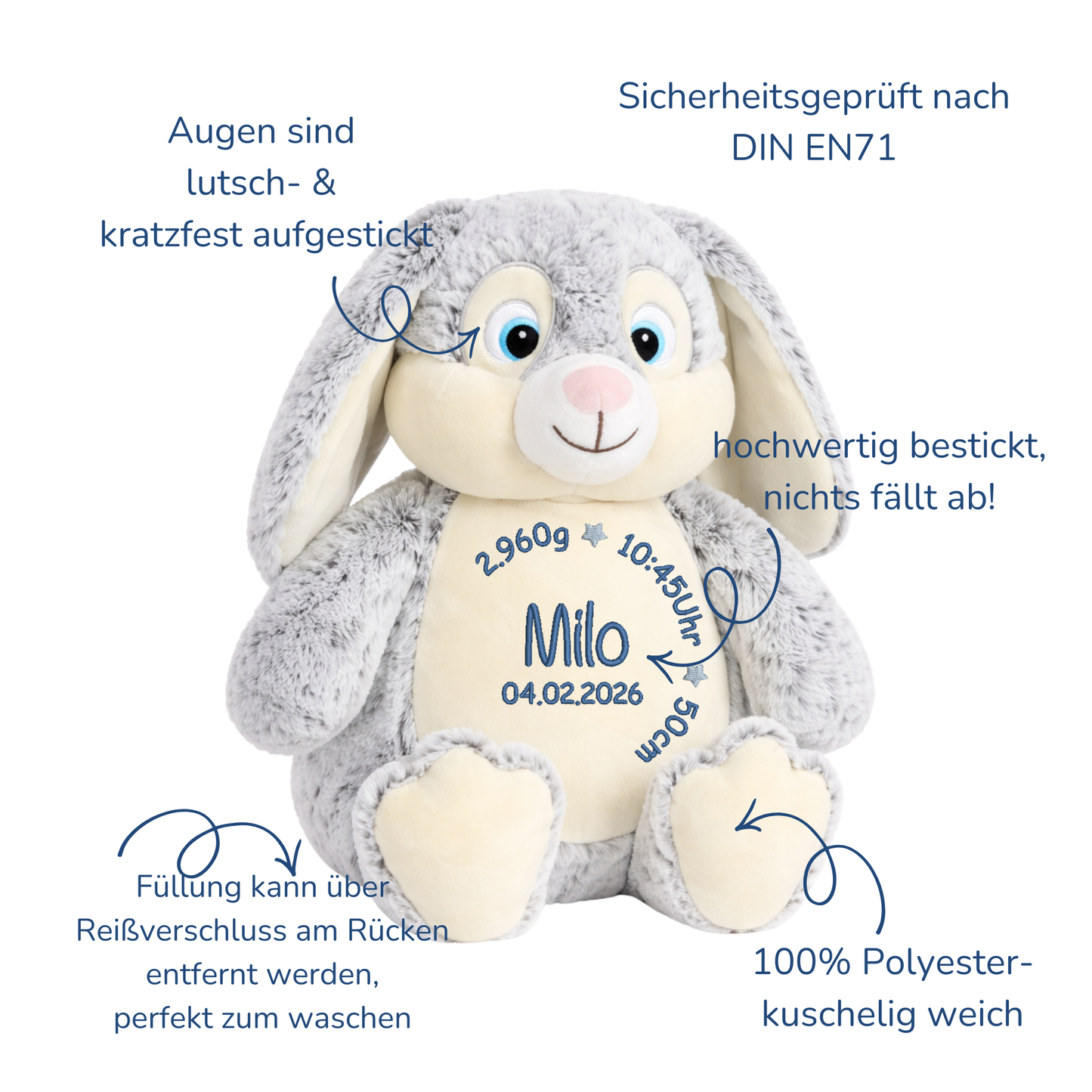Personalisierter Hase grau zur Geburt – Kuscheltier mit Namen & Geburtsdatum