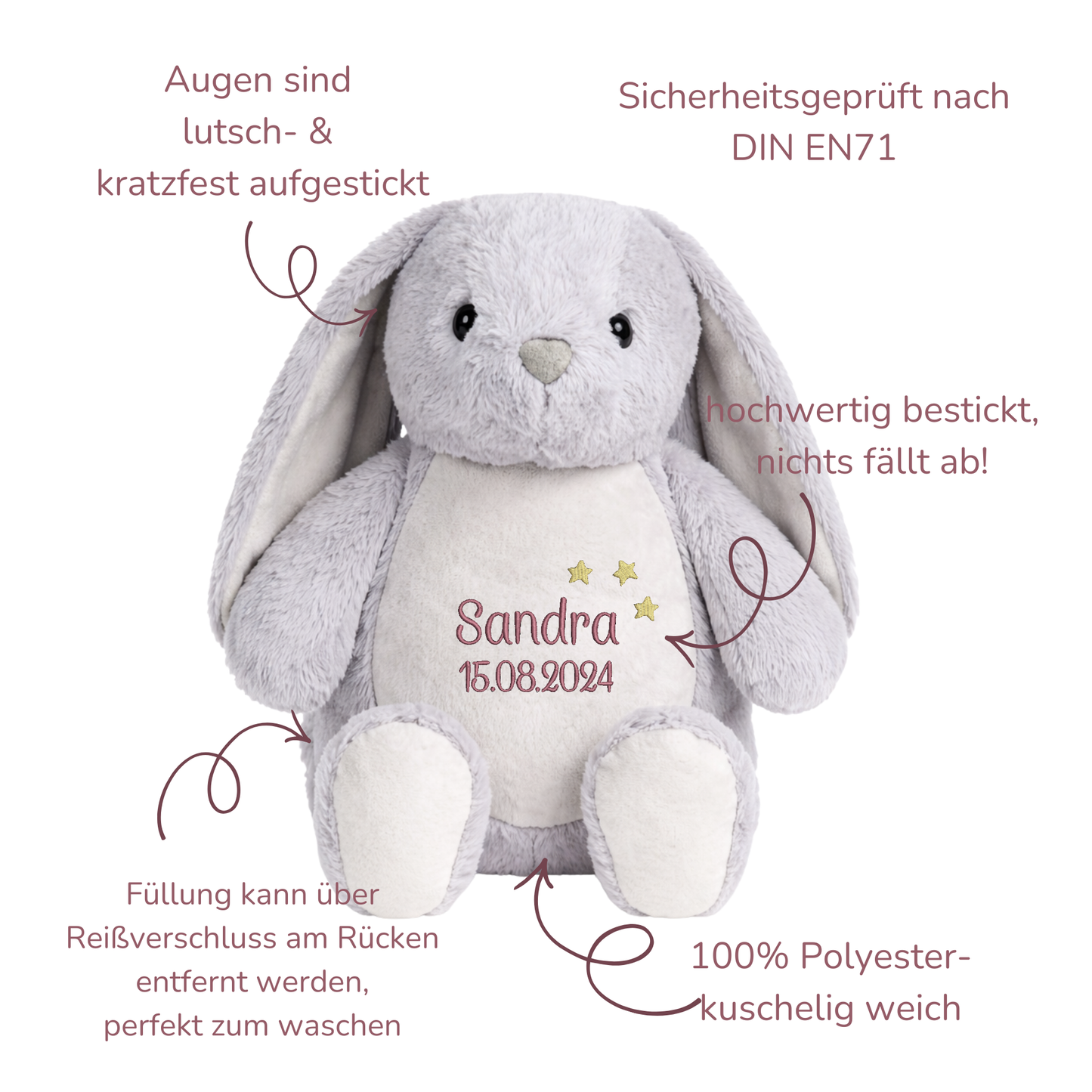 Kaninchen mit Namen bestickt – Kuscheltier mit Name