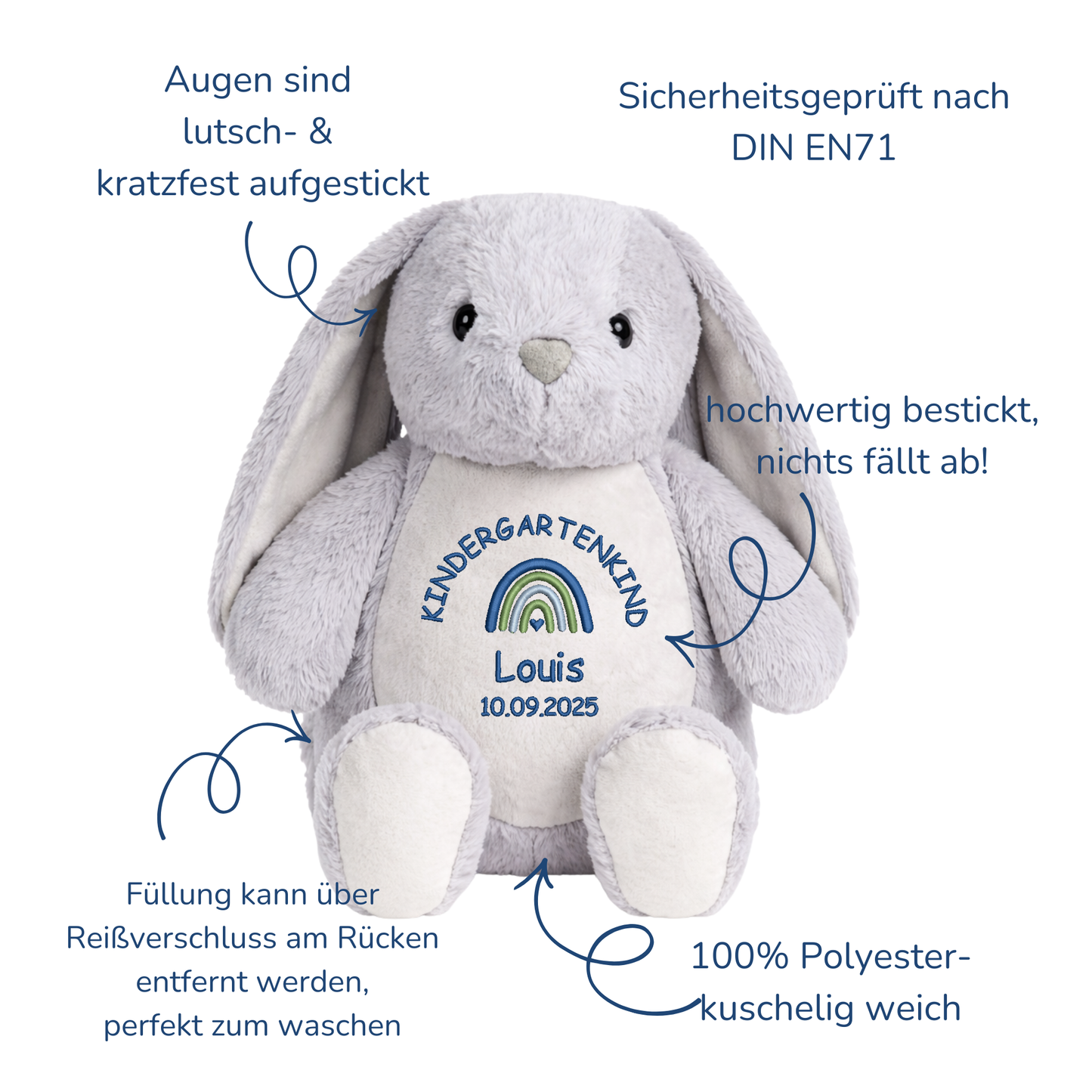 Personalisiertes Kuscheltier Kaninchen zum Kindergartenstart – mit Name bestickt