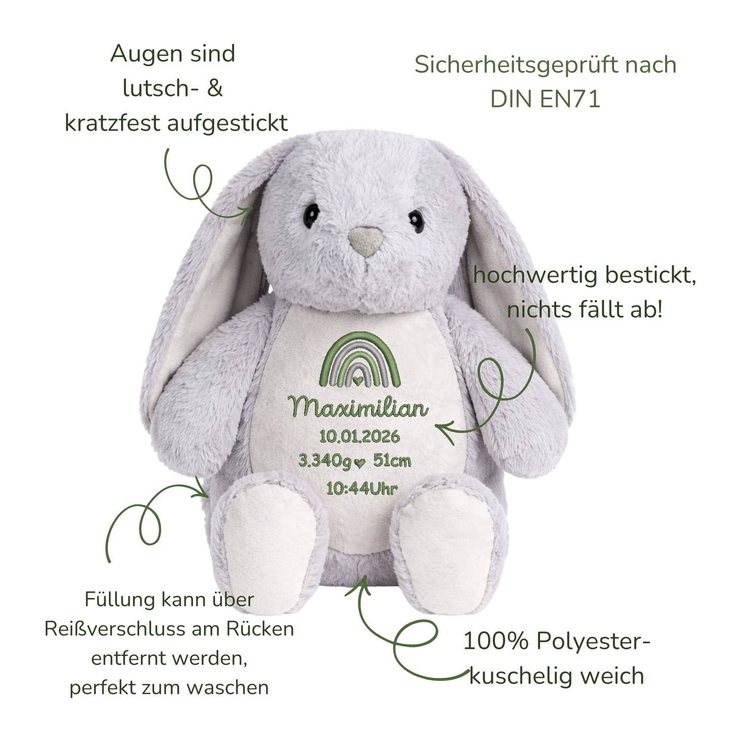 Personalisiertes Kaninchen zur Geburt – Kuscheltier mit Namen & Geburtsdatum