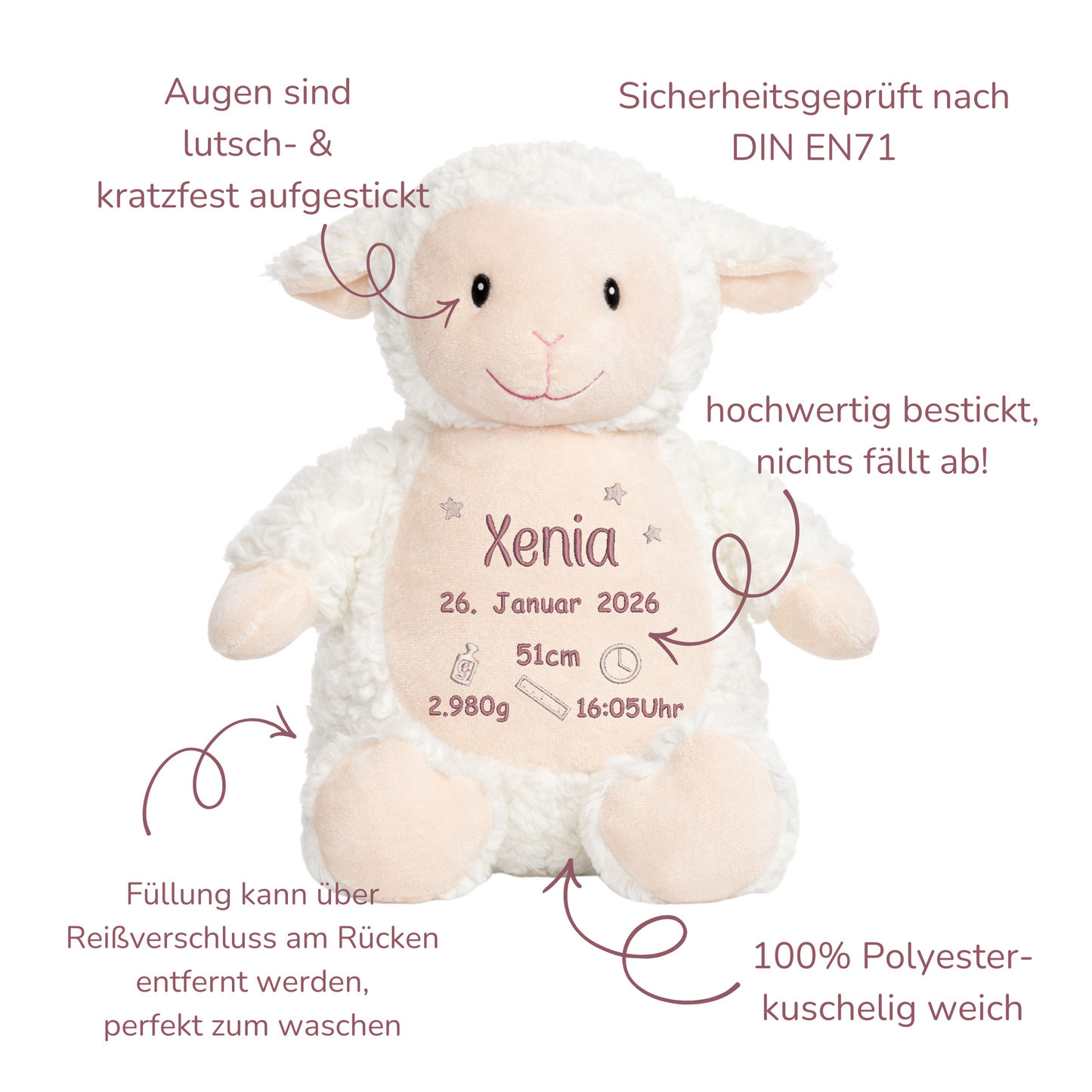 Personalisiertes Lamm zur Geburt – Kuscheltier mit Namen & Geburtsdatum