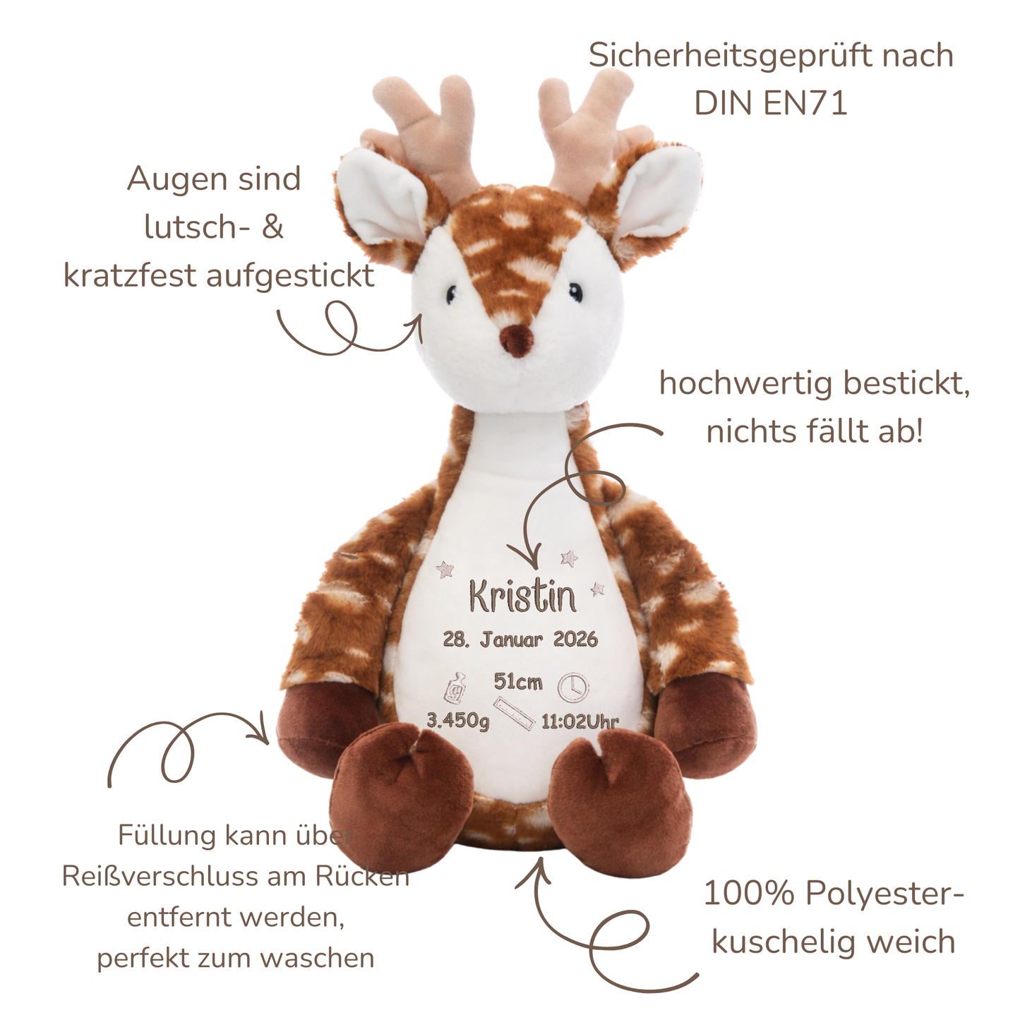 Personalisierter Hirsch zur Geburt – Kuscheltier mit Namen & Geburtsdatum