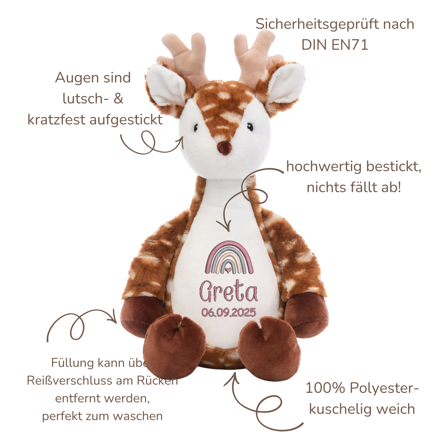 Hirsch mit Namen bestickt – Kuscheltier mit Name