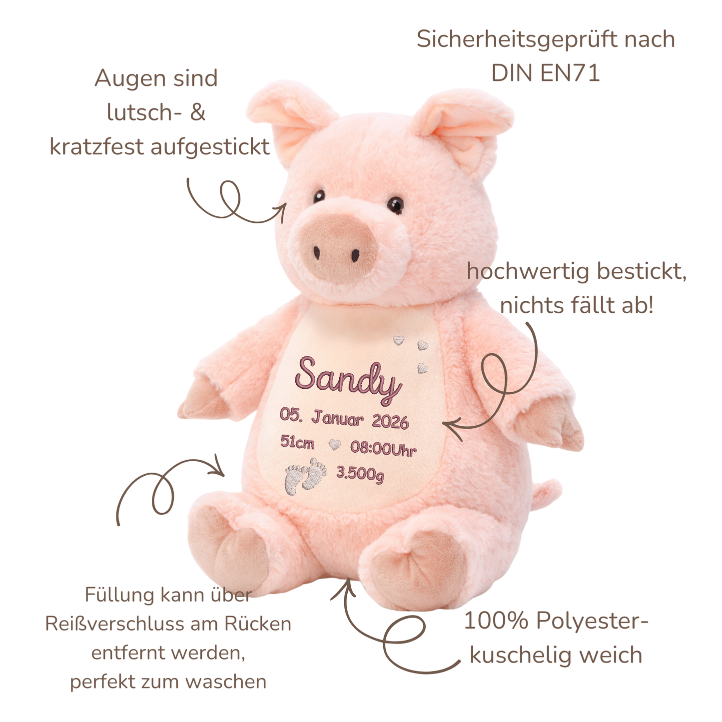 Personalisiertes Schwein zur Geburt – Kuscheltier mit Namen & Geburtsdatum