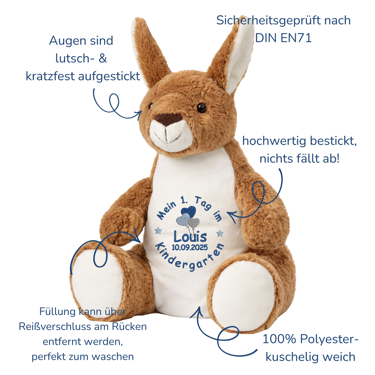 Personalisiertes Kuscheltier Känguruh zum Kindergartenstart – mit Name bestickt