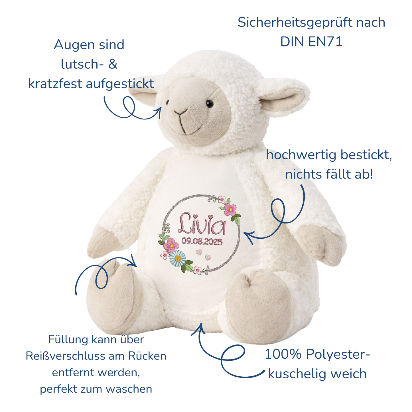 Schaf mit Namen bestickt – Kuscheltier mit Name
