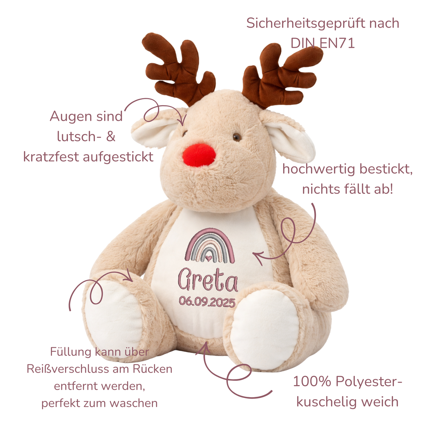 Reindeer mit Namen bestickt – Kuscheltier mit Name
