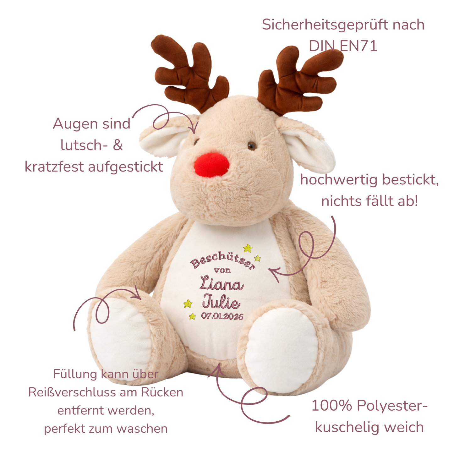 Beschützer Kuscheltier Reindeer – Liebevoll bestickt und personalisiert