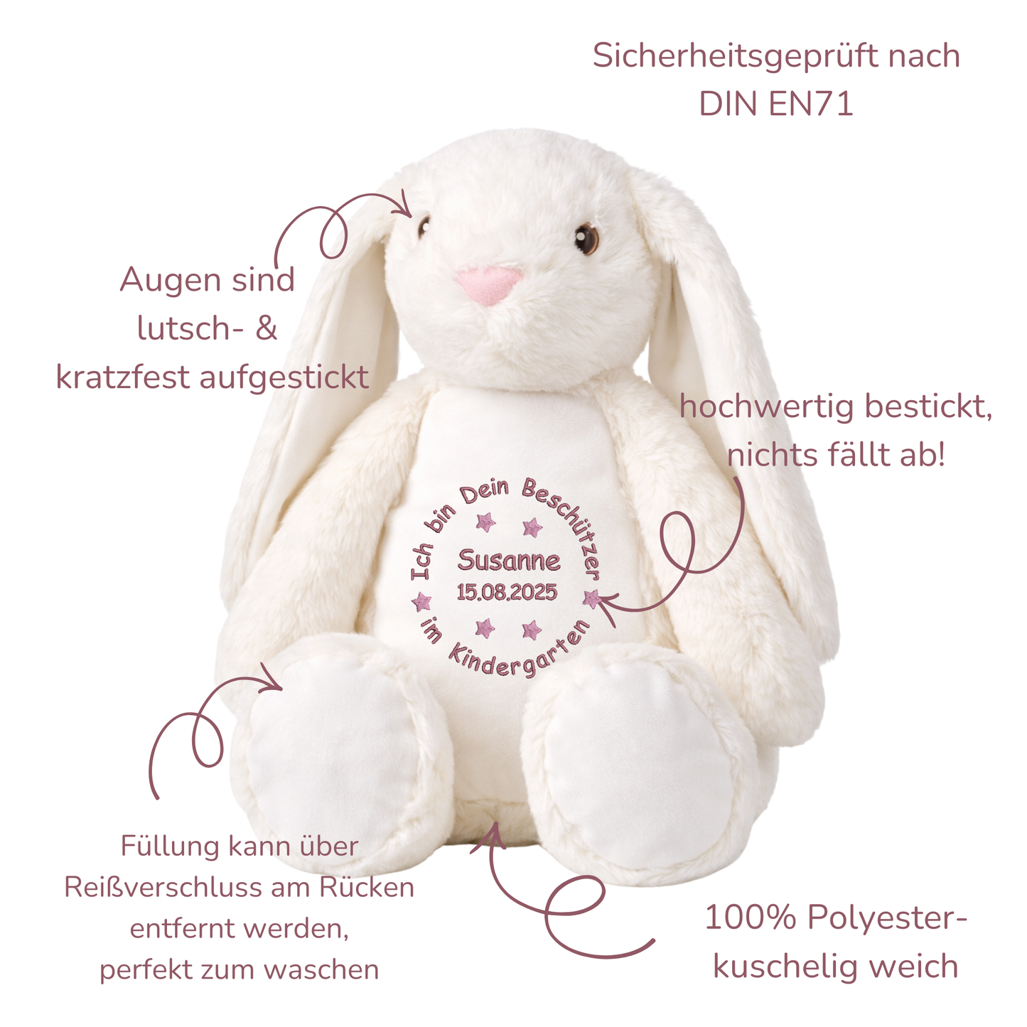 Personalisiertes Kuscheltier weißer Hase zum Kindergartenstart – mit Name bestickt