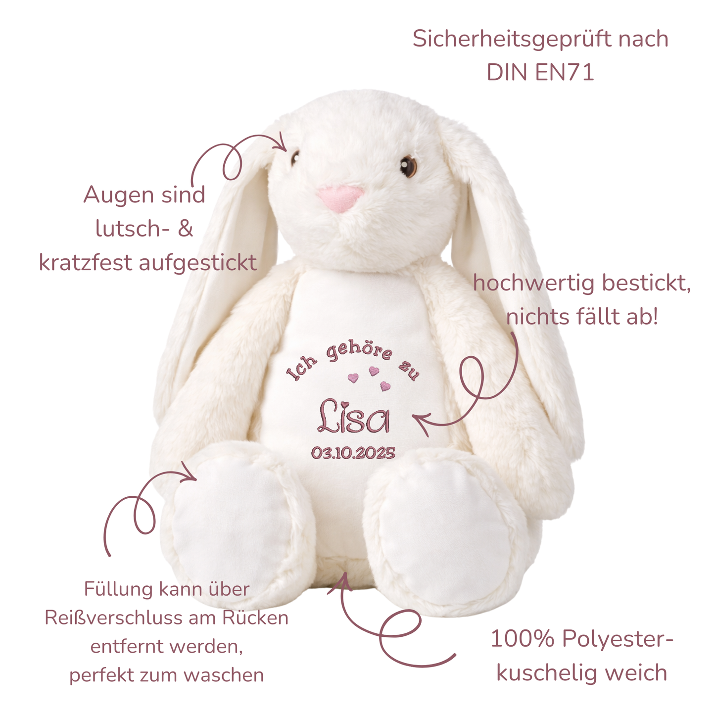 Beschützer Kuscheltier weißer Hase – Liebevoll bestickt und personalisiert