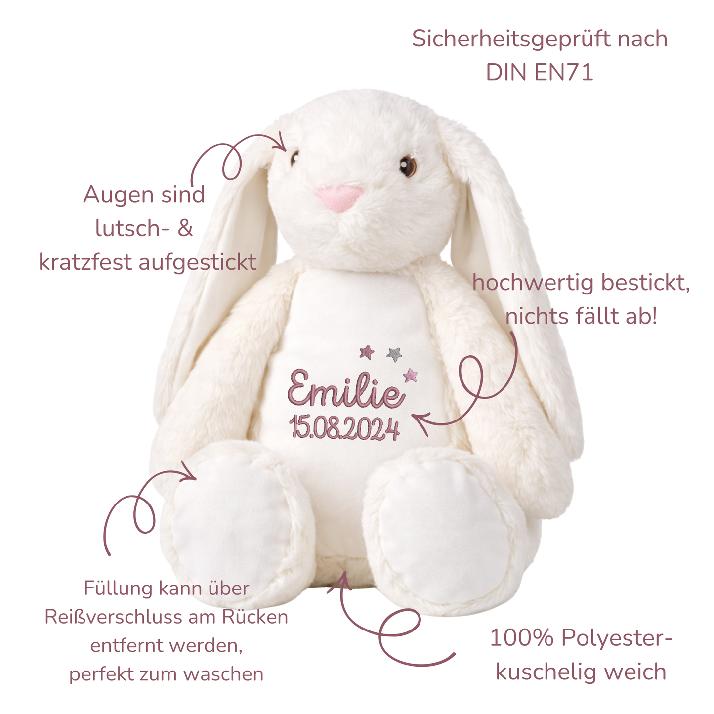 weißer Hase mit Namen bestickt – Kuscheltier mit Name