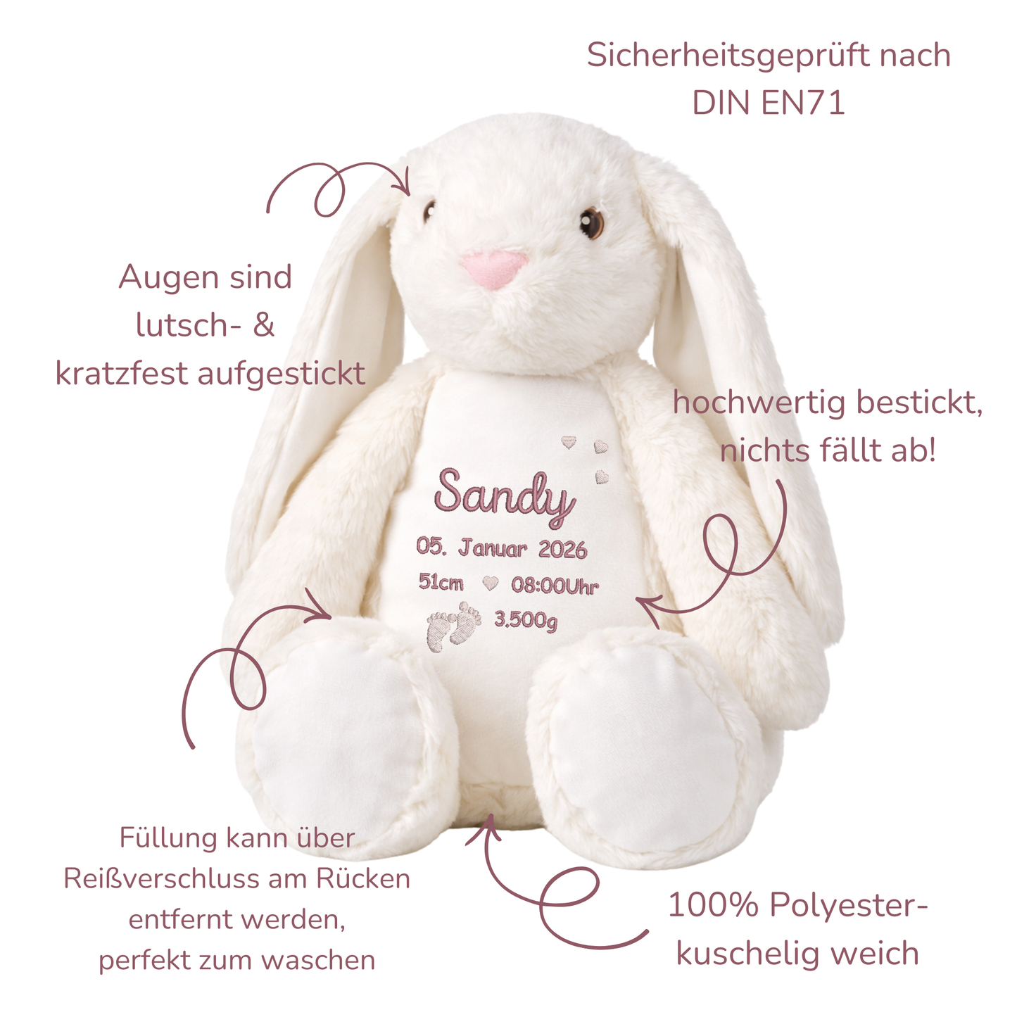 Personalisierter weißer Hase zur Geburt – Kuscheltier mit Namen & Geburtsdatum
