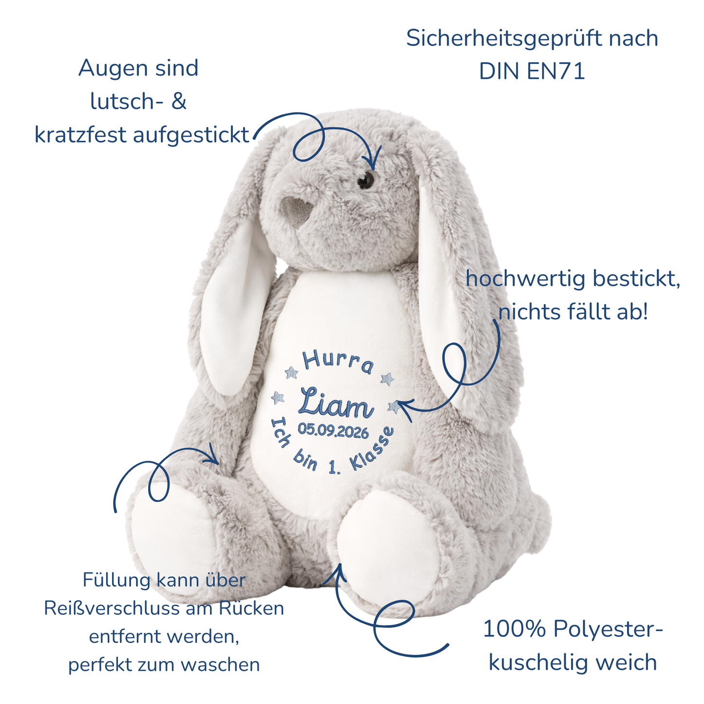 Kuscheltier grauer Hase zur Einschulung – Liebevoller Begleiter mit persönlicher Note