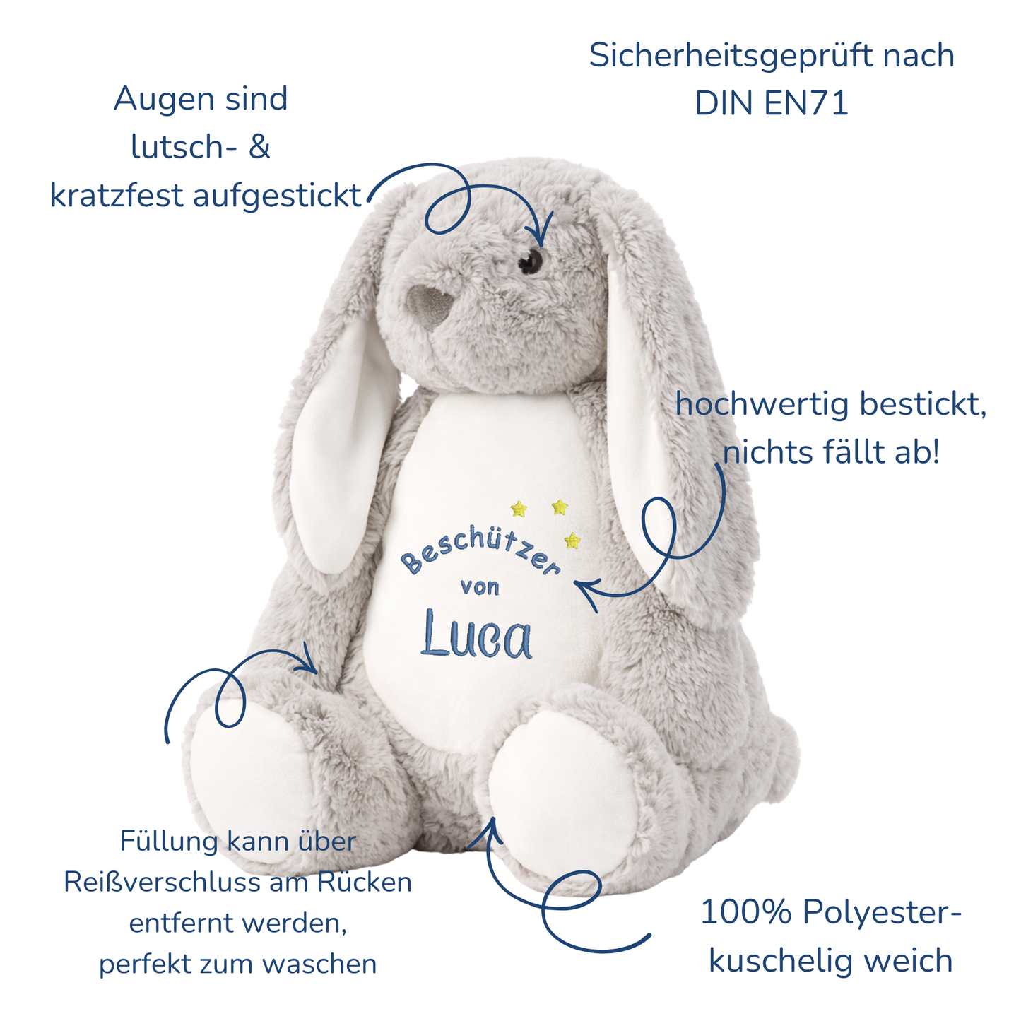 Beschützer Kuscheltier grauer Hase – Liebevoll bestickt und personalisiert