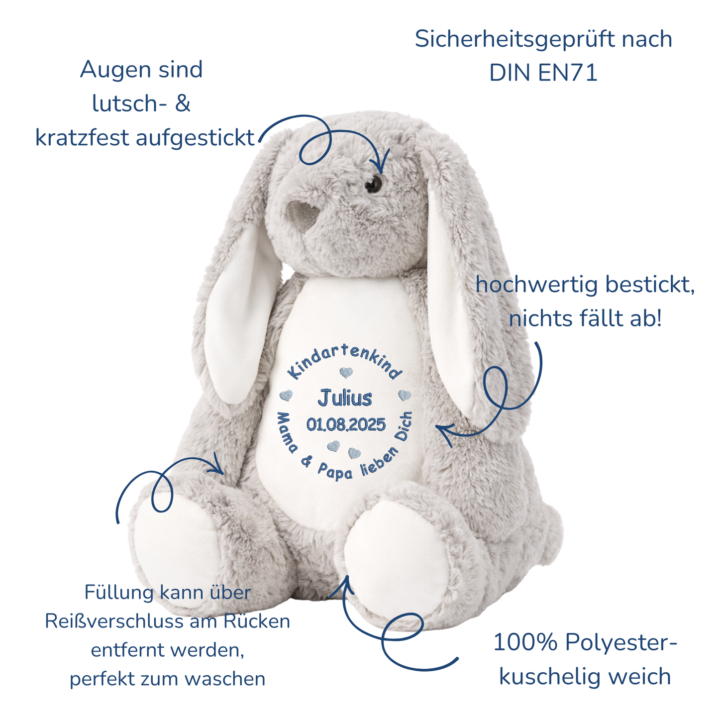 Personalisiertes Kuscheltier grauer Hase zum Kindergartenstart – mit Name bestickt