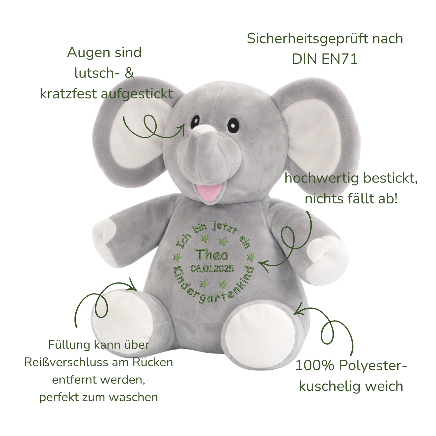 Personalisiertes Kuscheltier Elefant zum Kindergartenstart – mit Name bestickt