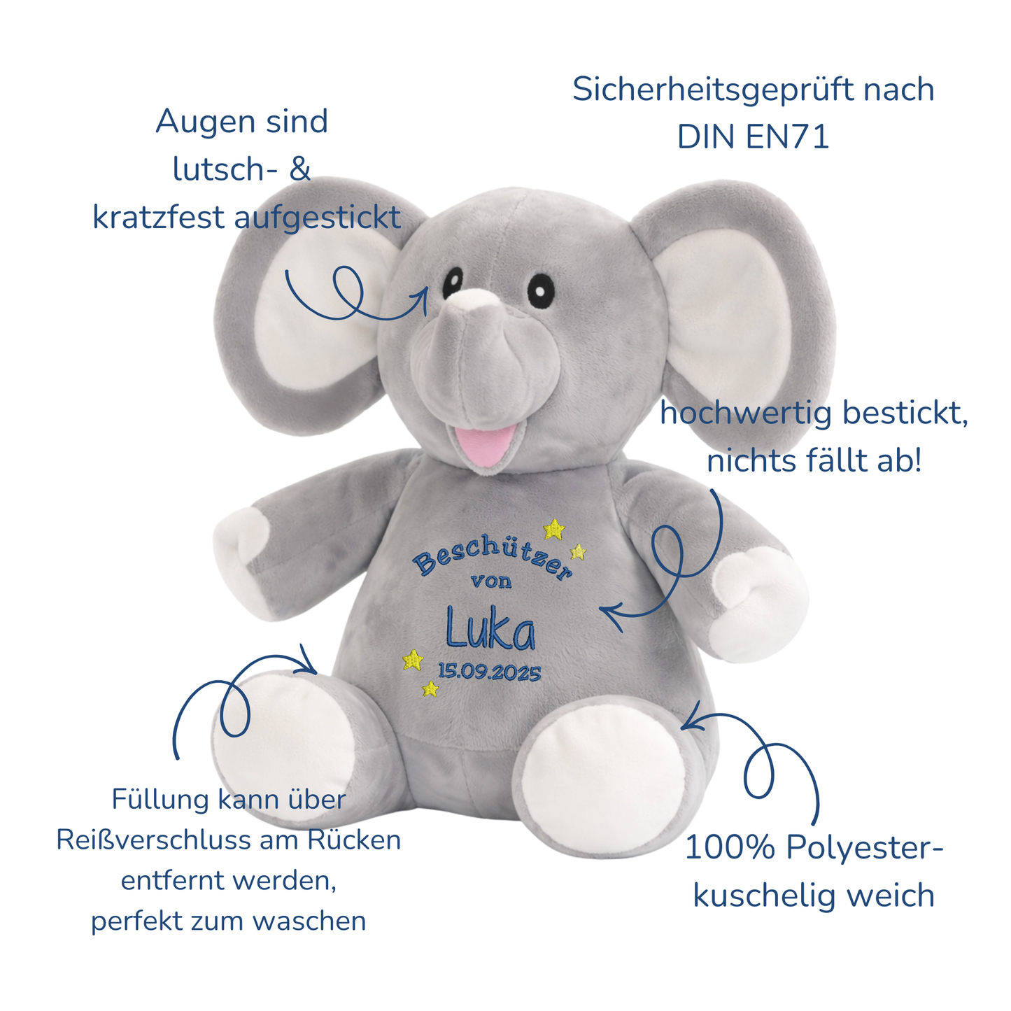 Beschützer Kuscheltier Elefant – Liebevoll bestickt und personalisiert