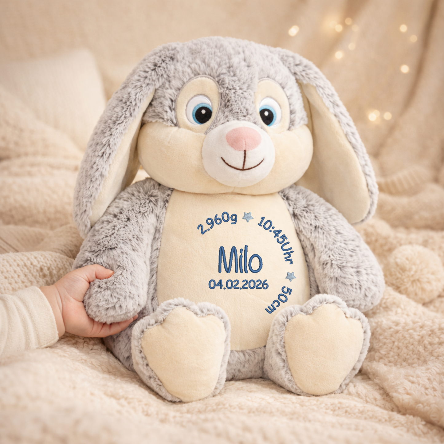 Personalisierter Hase grau zur Geburt – Kuscheltier mit Namen & Geburtsdatum