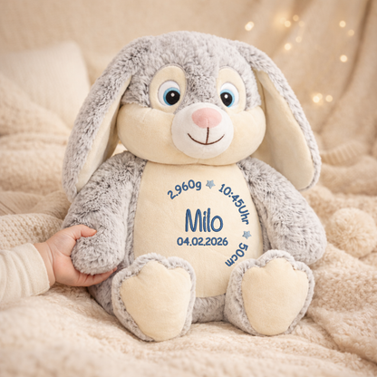 Personalisierter Hase grau zur Geburt – Kuscheltier mit Namen & Geburtsdatum