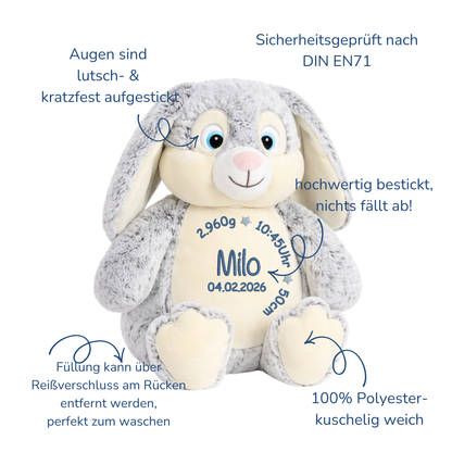 Personalisierter Hase grau zur Geburt – Kuscheltier mit Namen & Geburtsdatum