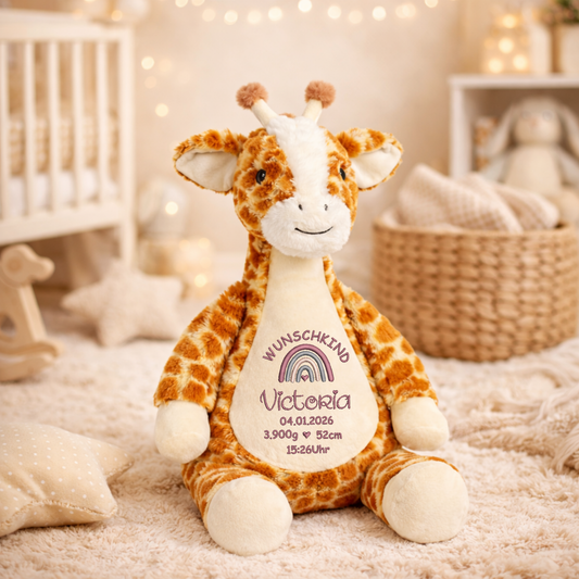 Personalisierte Giraffe zur Geburt – Kuscheltier mit Namen & Geburtsdatum