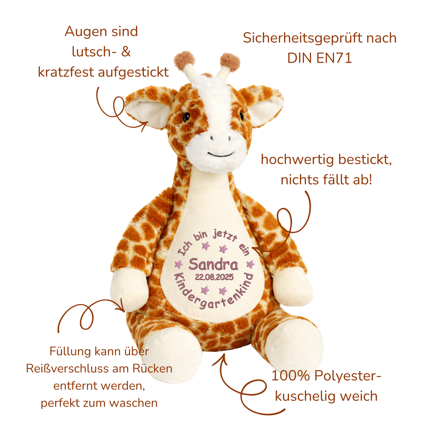 Personalisiertes Kuscheltier Giraffe zum Kindergartenstart – mit Name bestickt