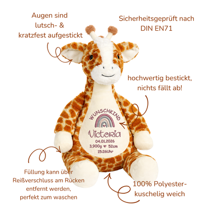 Personalisierte Giraffe zur Geburt – Kuscheltier mit Namen & Geburtsdatum