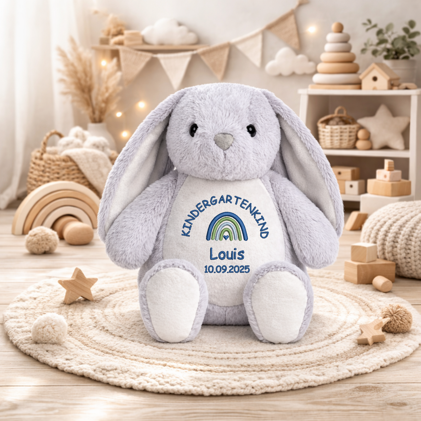Personalisiertes Kuscheltier Kaninchen zum Kindergartenstart – mit Name bestickt