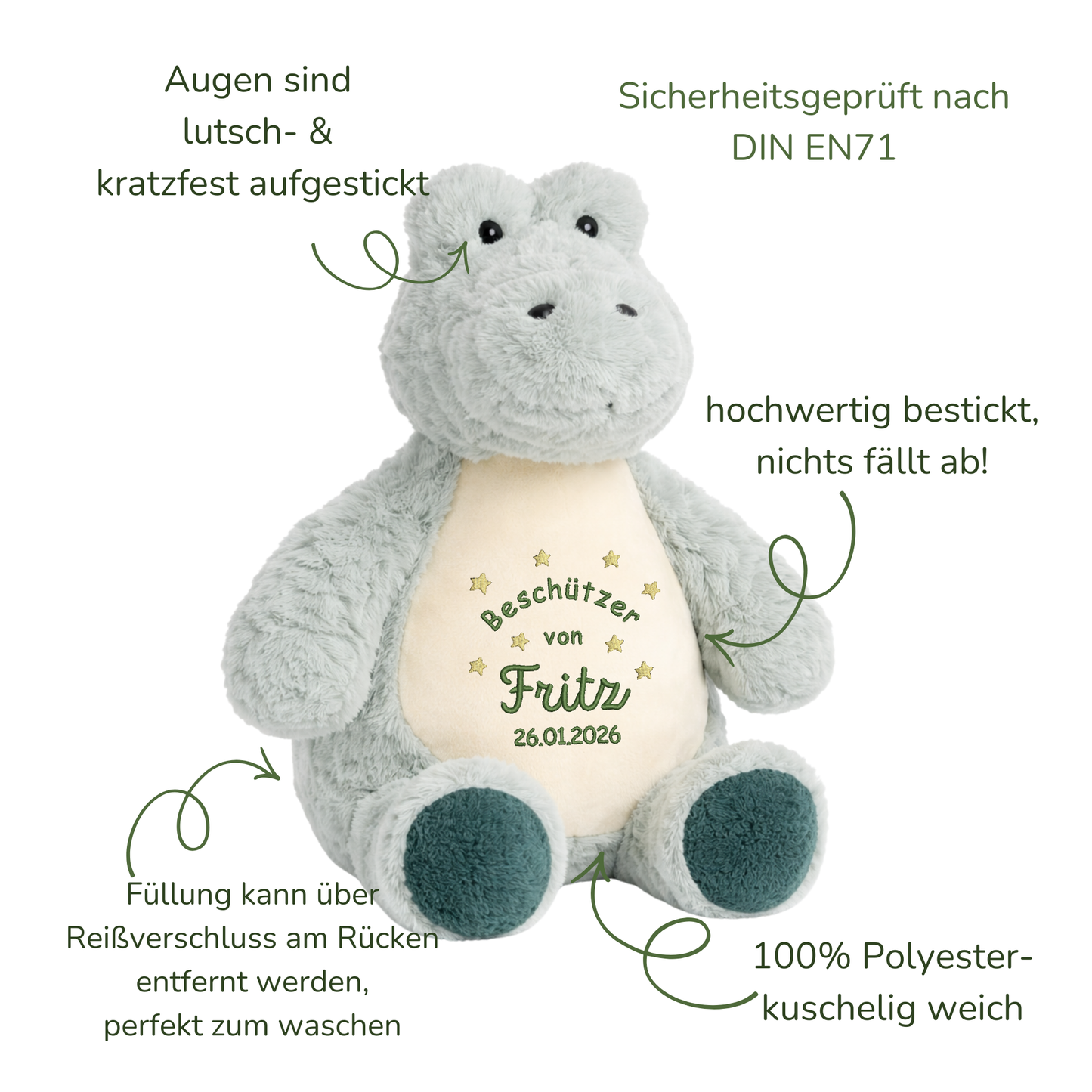 Beschützer Kuscheltier Krokodil – Liebevoll bestickt und personalisiert