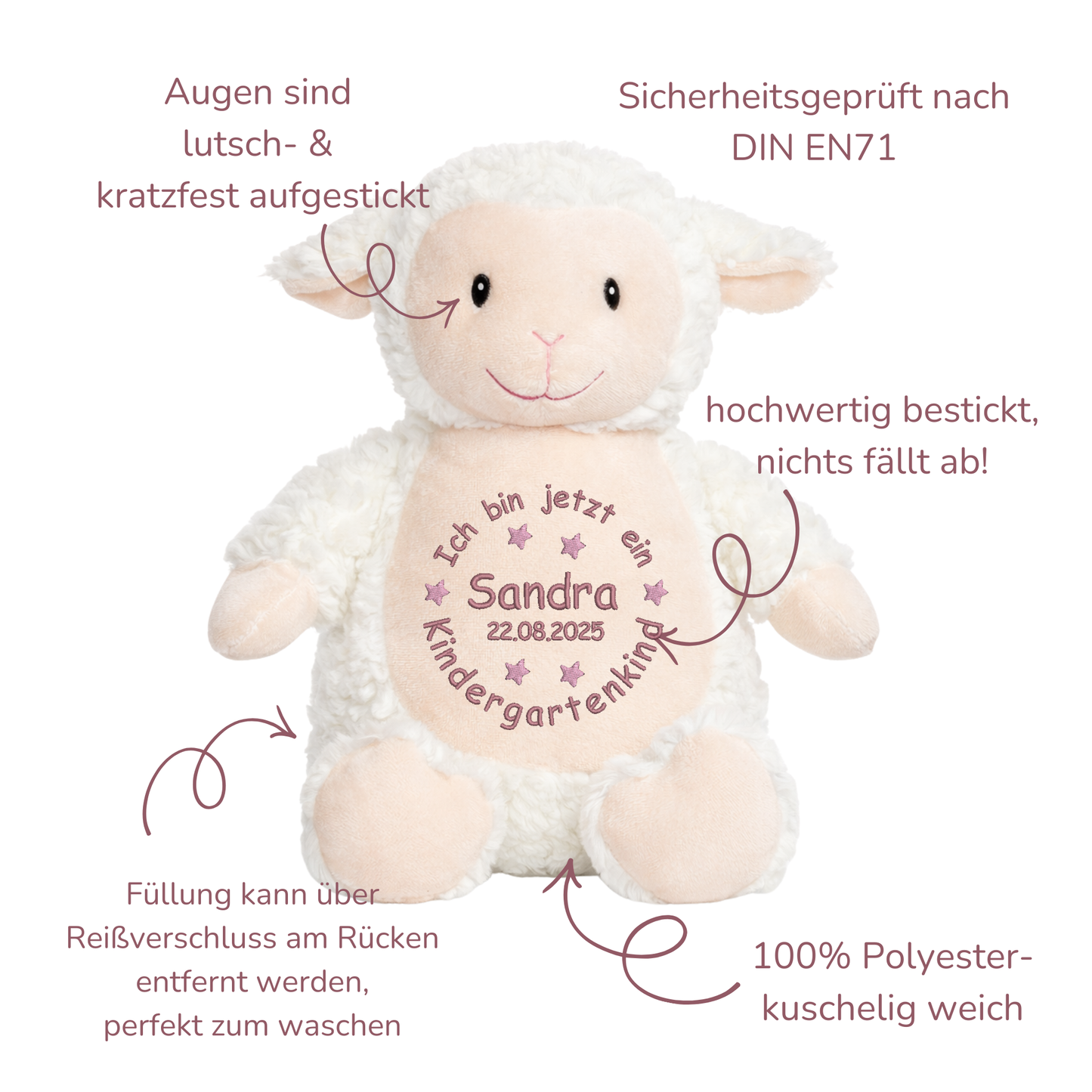 Personalisiertes Kuscheltier Lamm zum Kindergartenstart – mit Name bestickt