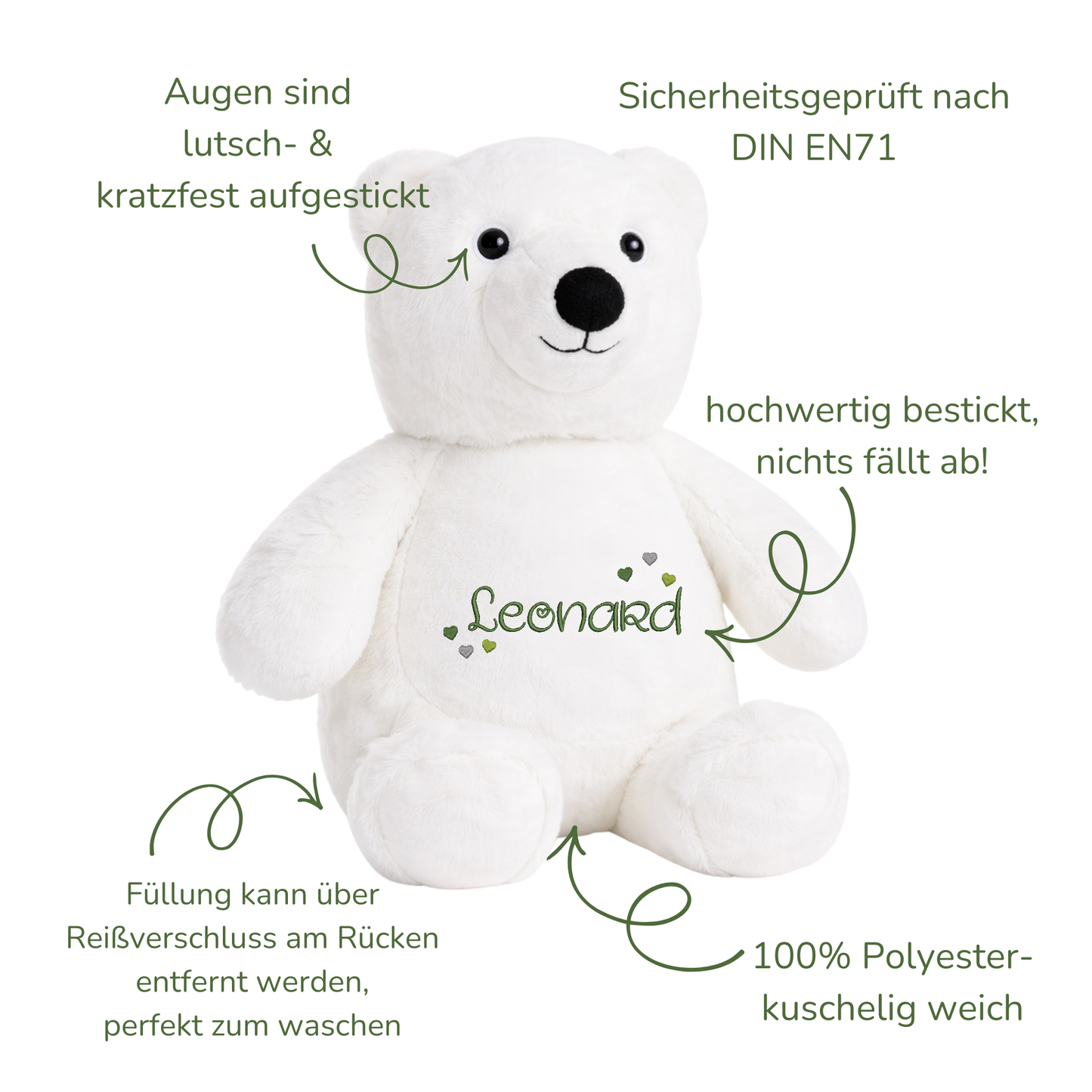 Eisbär mit Namen bestickt – Kuscheltier mit Name