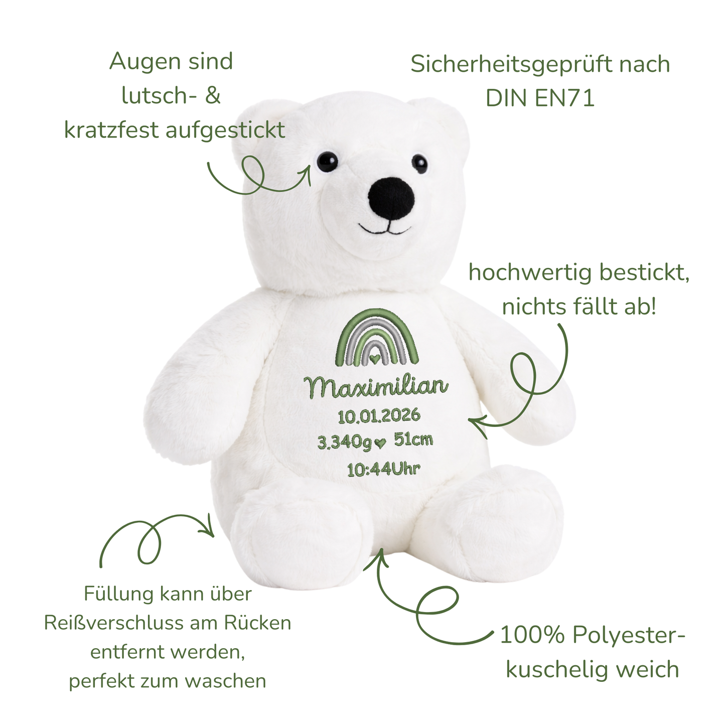 Personalisierter Eisbär zur Geburt – Kuscheltier mit Namen & Geburtsdatum