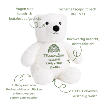 Personalisierter Eisbär zur Geburt – Kuscheltier mit Namen & Geburtsdatum