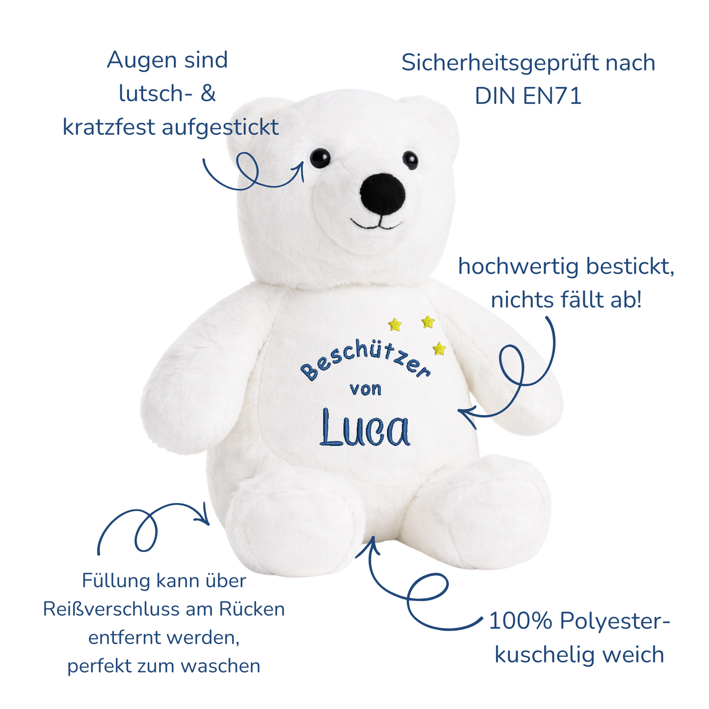 Beschützer Kuscheltier Eisbär – Liebevoll bestickt und personalisiert