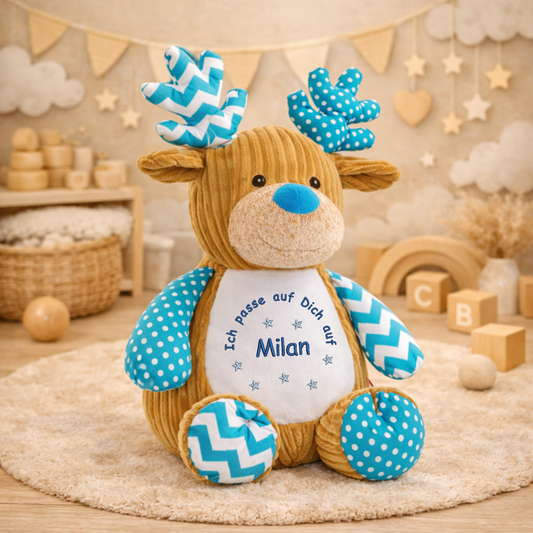 Beschützer Kuscheltier blauer Elch – Liebevoll bestickt und personalisiert