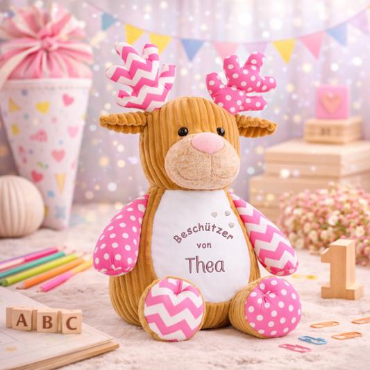 Beschützer Kuscheltier rosa Elch – Liebevoll bestickt und personalisiert