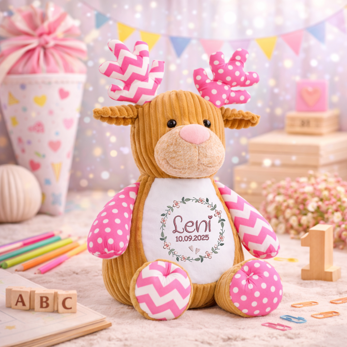 Elch rosa mit Namen bestickt – Kuscheltier mit Name