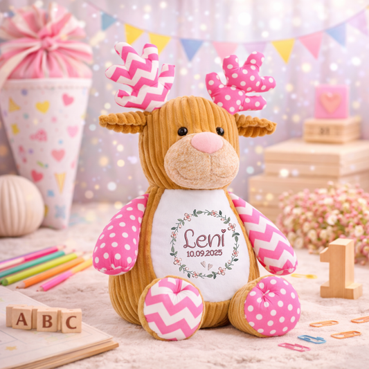 Elch rosa mit Namen bestickt – Kuscheltier mit Name