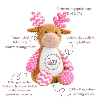 Elch rosa mit Namen bestickt – Kuscheltier mit Name
