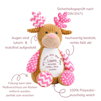 Personalisierter rosa Elch zur Geburt – Kuscheltier mit Namen & Geburtsdatum