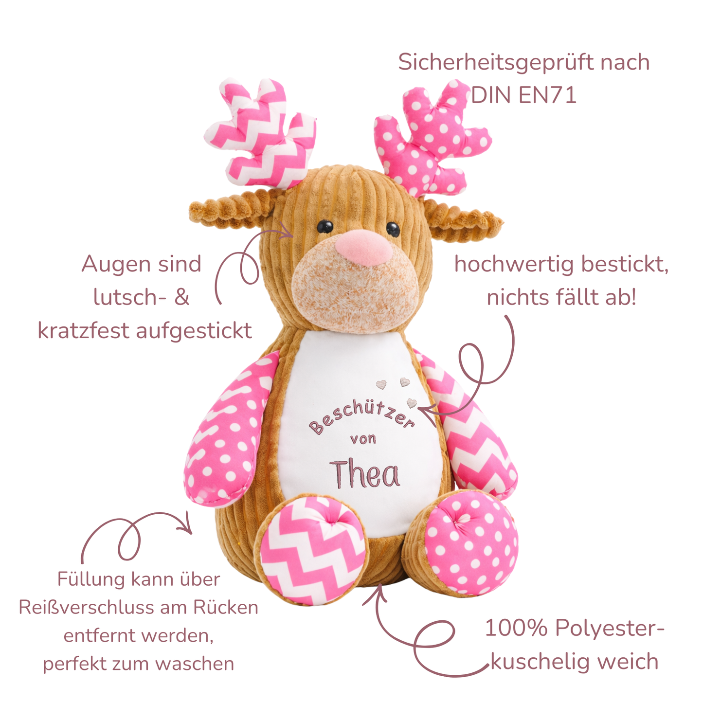 Beschützer Kuscheltier rosa Elch – Liebevoll bestickt und personalisiert