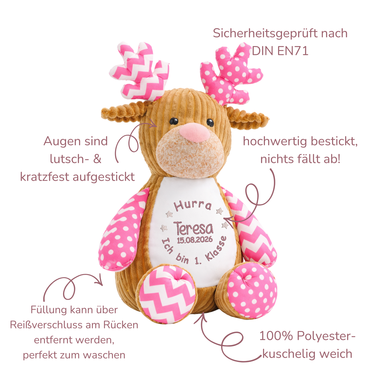 Kuscheltier rosa Elch zur Einschulung – Liebevoller Begleiter mit persönlicher Note