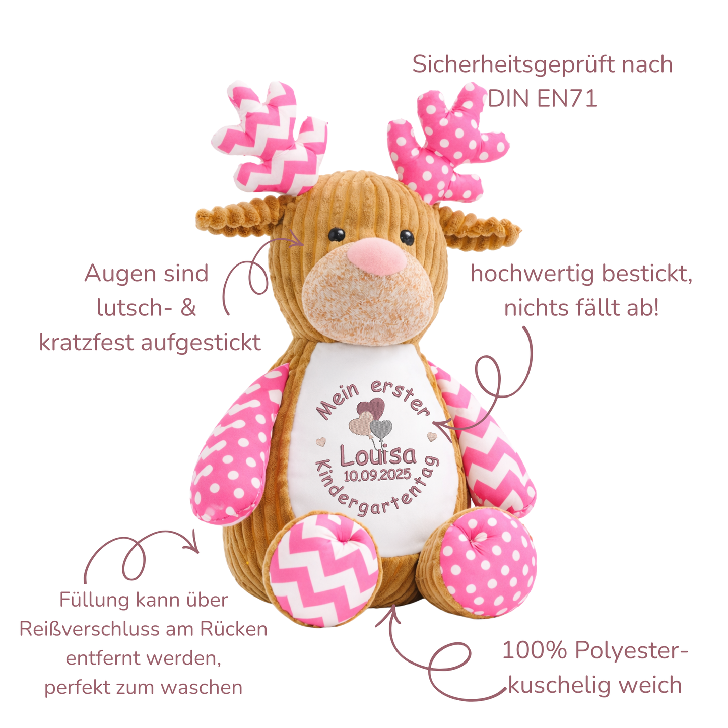 Personalisiertes Kuscheltier rosa Elch zum Kindergartenstart – mit Name bestickt