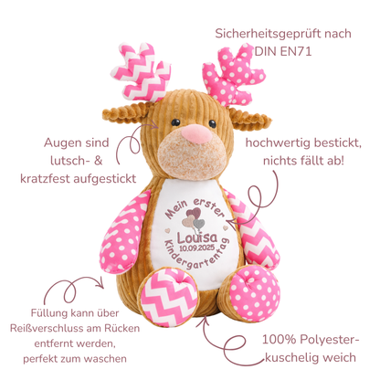 Personalisiertes Kuscheltier rosa Elch zum Kindergartenstart – mit Name bestickt