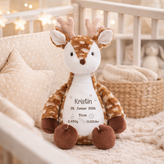 Personalisierter Hirsch zur Geburt – Kuscheltier mit Namen & Geburtsdatum