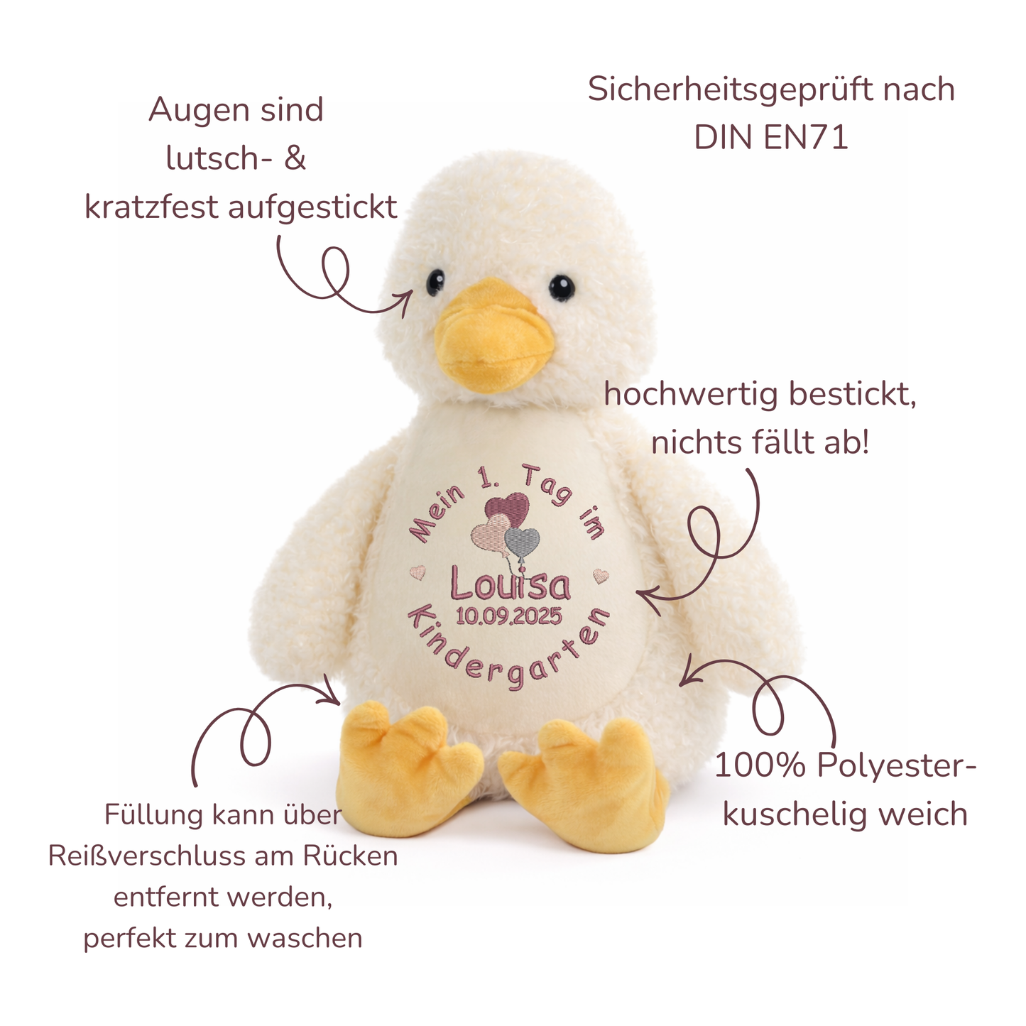 Personalisiertes Kuscheltier Ente zum Kindergartenstart – mit Name bestickt