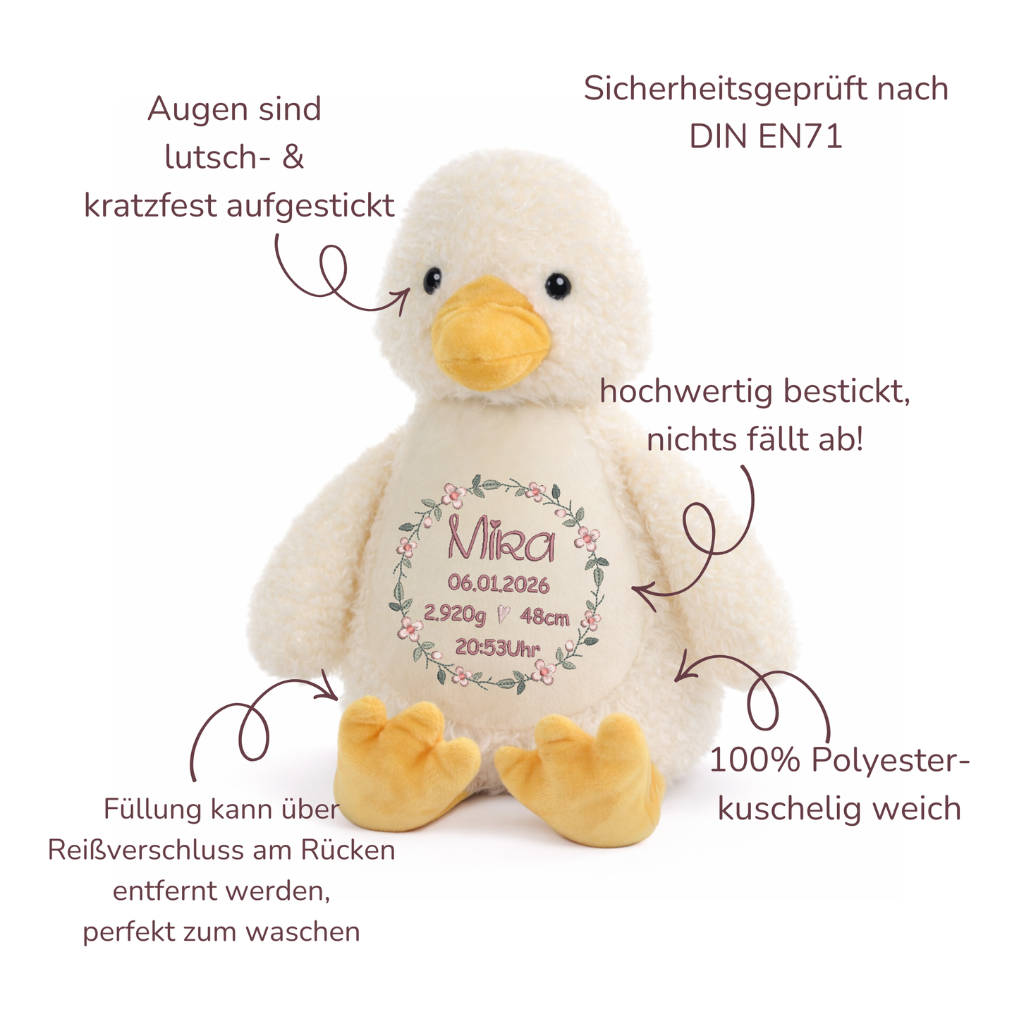 Personalisierte Ente zur Geburt – Kuscheltier mit Namen & Geburtsdatum