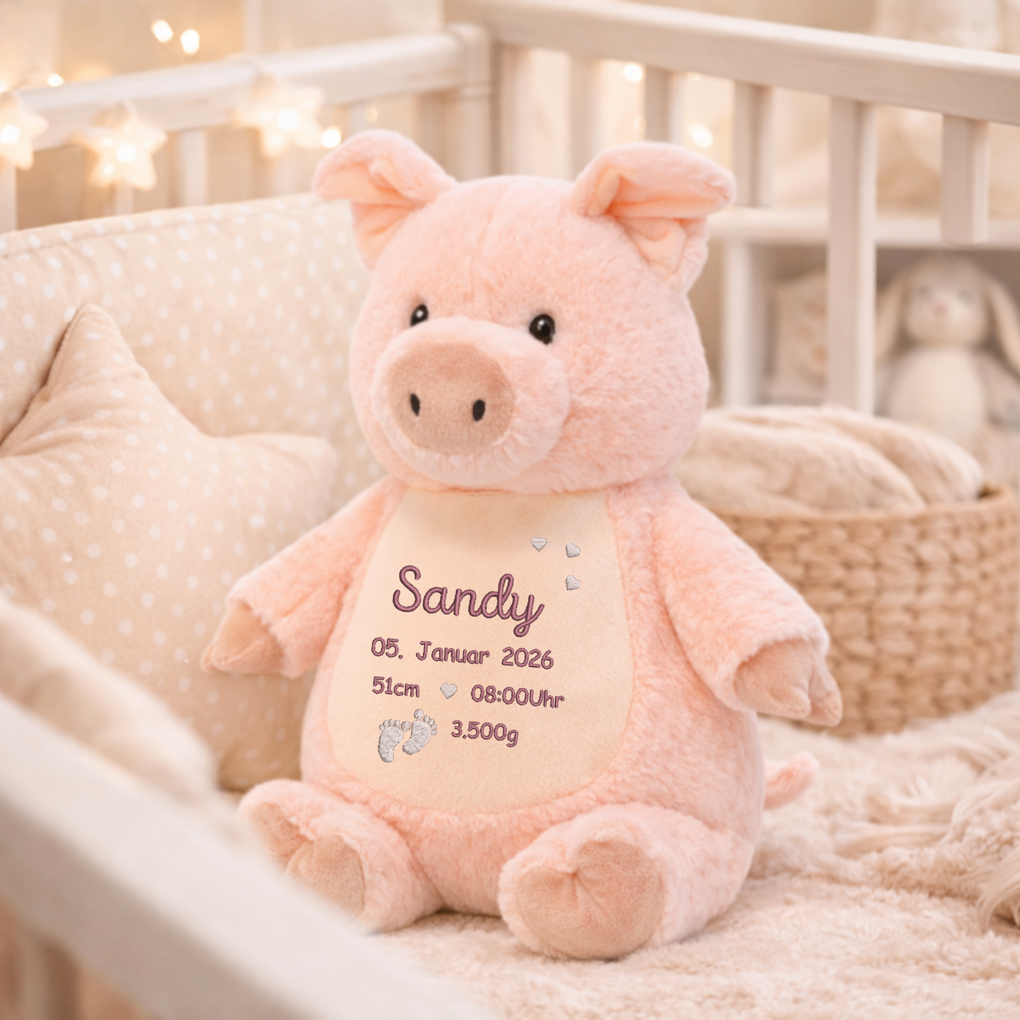 Personalisiertes Schwein zur Geburt – Kuscheltier mit Namen & Geburtsdatum