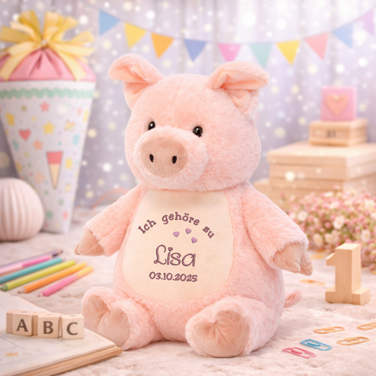 Beschützer Kuscheltier Schwein – Liebevoll bestickt und personalisiert