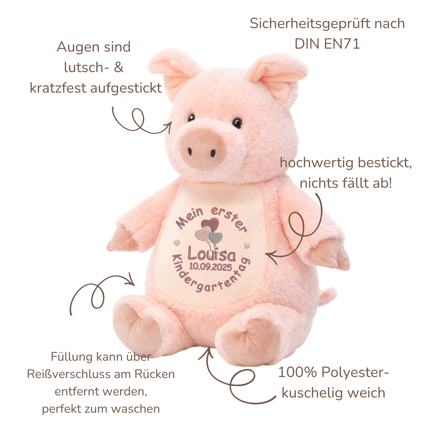 Personalisiertes Kuscheltier Schwein zum Kindergartenstart – mit Name bestickt